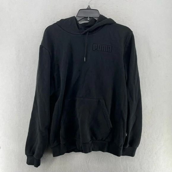Puma Hoodie Men's Sz M Black Embossed Chest Logo Drawstring Ribbed Trim Pullover - Picture 1 of 11